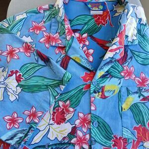 Hawaii Blues Vintage 80s Hawaiian Floral Button-up Shirt XL blue parrots cotton